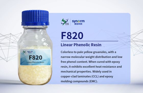 F820 Resin Fenol Linear (Novolac), berwarna ke kuning pucat berbutir, distribusi berat molekul sempit dan kadar fenol bebas dan kotoran ionik sangat rendah